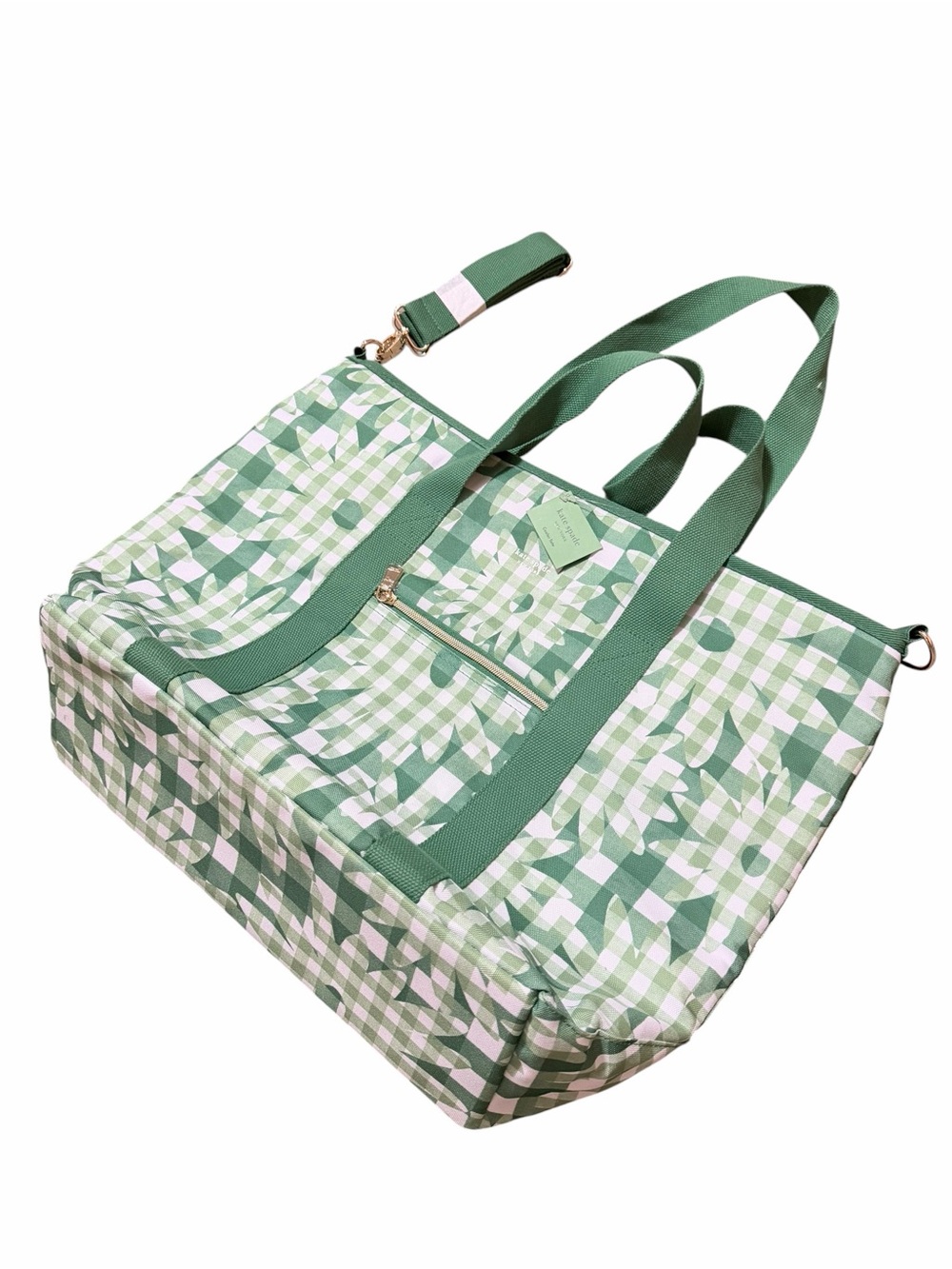 🌼💚KATE SPADE DEISY GINGHAM Green Check Floral Canvas Tote Bag with Straps